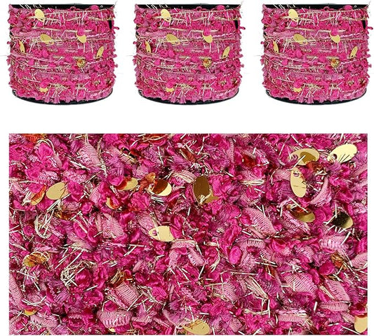 Artisanal Yarn Collection Multifiber Fancy Yarn with Gold Sequins for Knitting Crocheting Crafts DIY, Set of 3 Rolls (Rose Pink & Gold)
