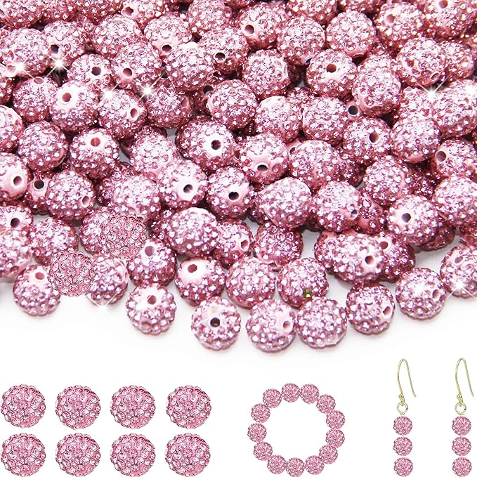 100 Pcs 10mm Rhinestone Beads for Jewelry Making, Pink Shiny Round Shamballa Disco Baseball Necklace Beads Sparkle Crystal Clay Pave Rhinestones Bead for DIY Bracelet Earring Craft Making Supplies