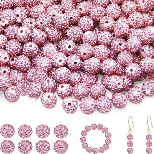 100 Pcs 10mm Rhinestone Beads for Jewelry Making, Pink Shiny Round Shamballa Disco Baseball Necklace Beads Sparkle Crystal Clay Pave Rhinestones Bead for DIY Bracelet Earring Craft Making Supplies