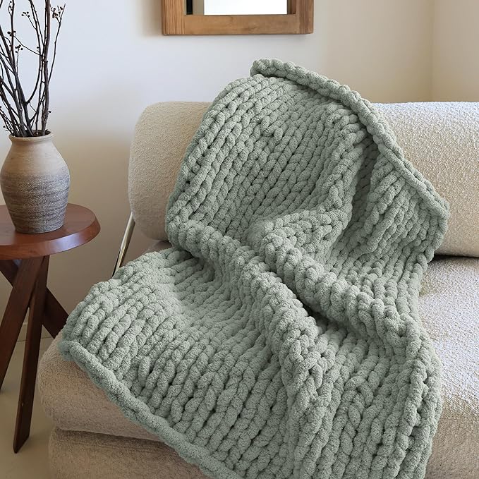 Mellobello Jumbo Chunky Yarn for Hand Knitting - Super Thick Chenille Chunky Yarn for Crocheting - Extra Soft Bulky Fluffy Blanket Big Yarn 8 Jumbo Pack (27yds,8 oz Each Skein) Sage Green