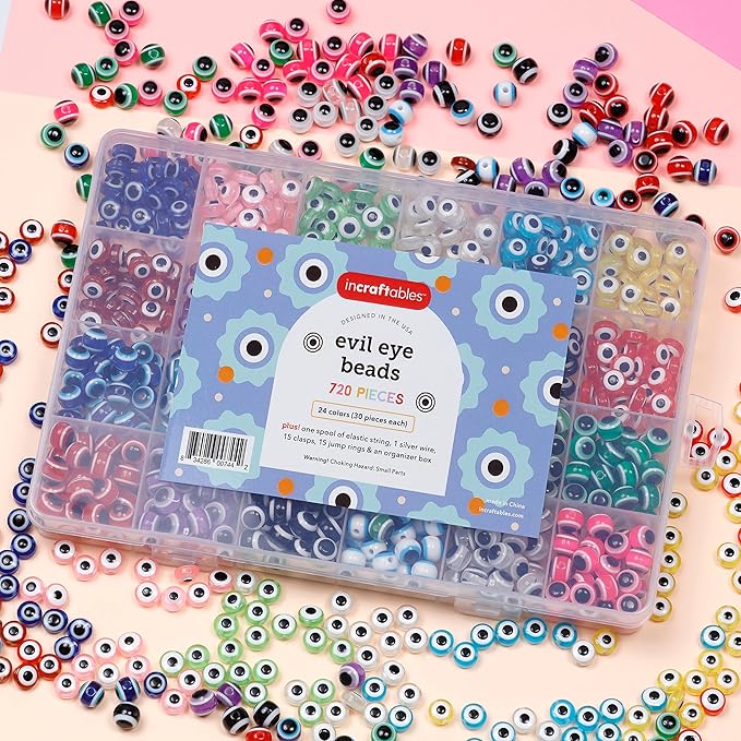 Incraftables 720 Piece Evil Eye Beads Kit – 24 Color Glass Beads Set with Clasps, Jump Rings, Elastic Cords & Organizer - Bracelet Making Kit for Jewelry Crafting
