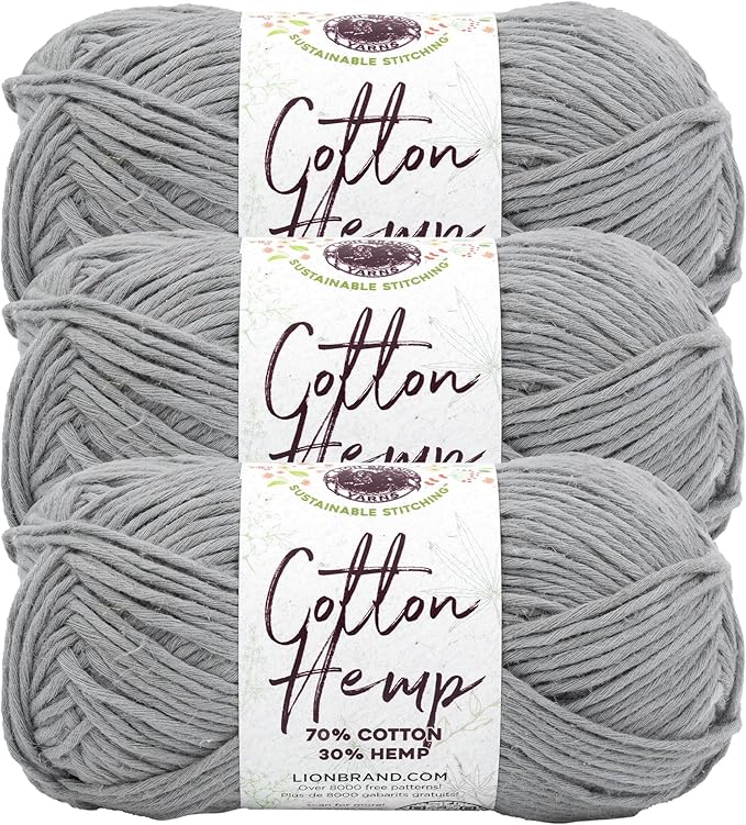 Lion Brand Yarn Cotton Hemp, Soft, Durable Yarn for Crochet and Knitting, 3 Pack, Steel Grey