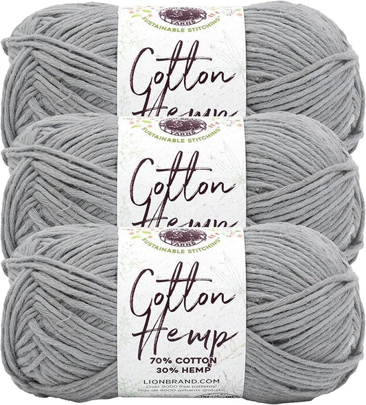 Lion Brand Yarn Cotton Hemp, Soft, Durable Yarn for Crochet and Knitting, 3 Pack, Steel Grey