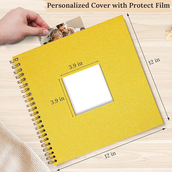 Scrapbook Photo Album Linen Cover, 12 x 12 Inch Hardcover Kraft White Pages Memory Book, for Travel Wedding Guest Book Christmas Baby Shower (40 Sheets/ 80 Pages,Yellow)