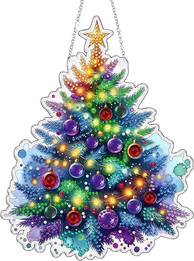 JJFox Diamond Art Hanging Kit for Adult,Special Shaped Rhinestone,Double Sided 5D DIY Acrylic Diamond Art Painting Window Pendants Home Garden Wall Hanging Kits Hanging Ornament (Christmas Tree)