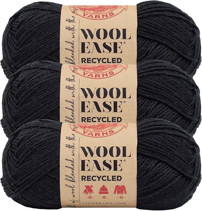 Lion Brand Yarn Wool-Ease Recycled Light Worsted-Weight Yarn for Knitting and Crochet, Black, 3 Pack, Wool and Acrylic Blend Fiber Perfect for Scarves, Hats and Blankets, 196 Yards