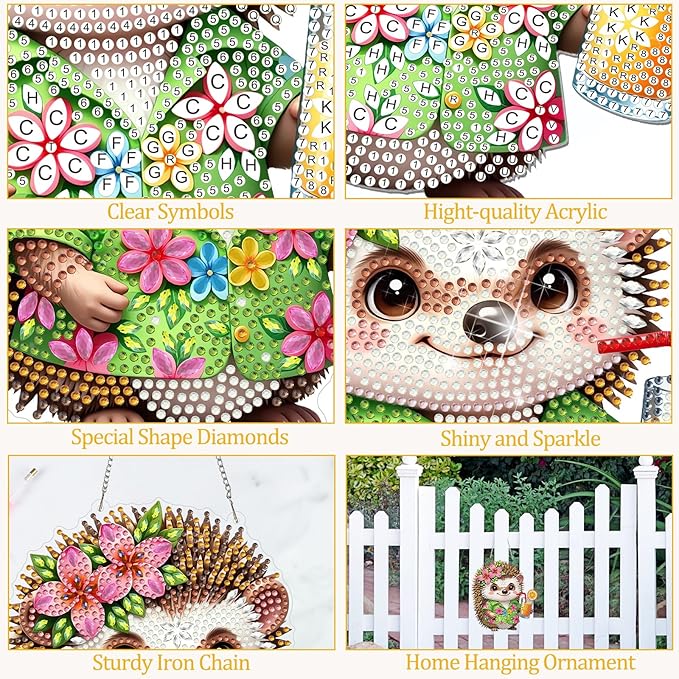 CEOVR Hedgehog Hanging Diamond Art, Cartoon Hedgehog Diamond Painting Pendant for Adults DIY Gem Art Wall Ornament, Acrylic Home Garden Decor with Chain, Box Kit 7.28×7.87inch