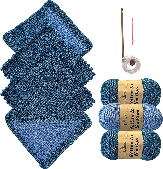 KnitPal Everyday Joy Tunisian Crochet Dishcloth Kit for Confident Beginners – Make 4 Reusable Dishcloths – Cotton Yarn, Tunisian Crochet Hook, 2 Patterns & Video Tutorials (Jean Blue + Sky Blue)
