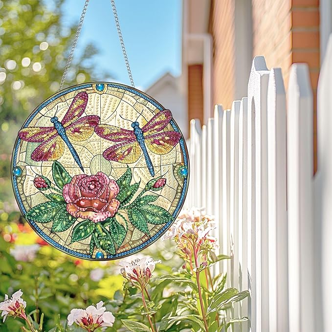 Wergund 5D DIY Dragonfly Diamond Art Hanging Kits, Hanging Diamond Art Rose, Acrylic Special Shaped Rhinestone, Window Hanging Pendants for Home Wall Garden Front Door Outdoor Decor Gift(Dragonfly)