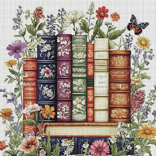 KYOQFVN Flower Stamped Cross Stitch Kits - Book Counted Cross Stitch Kits for Beginners, Needlepoint Cross-Stitch Patterns Dimensions for Home Decor 14×14 Inch