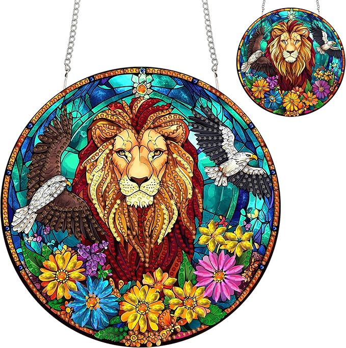 Zariocy Hanging Diamond Art Ornament Lion Kits for Adults – Special Crystal Double Sided Pendant, DIY Animal Diamond Painting Acrylic Board Window Pendants Home Garden Wall Hanging Decor 8x8 inch