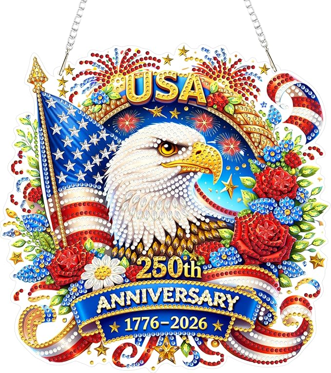 Eiflow Acrylic Diamond Art Hanging Kit for Adults USA Anniversary, DIY Diamonds Painting Door Hanger Board Kit 4th of July, Crystal Patriotic Diamond Art Painting Pendant Ornament (250th Eagle)