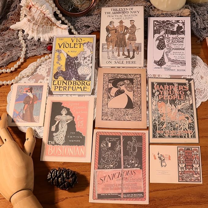 CATaireen Vintage Junk-Journal Mixed Paper Scrapbooking Embellishments Set Retro Journaling Decoupage Stickers Textured Packaging Decorative Cards Tags Kit (Poster C)