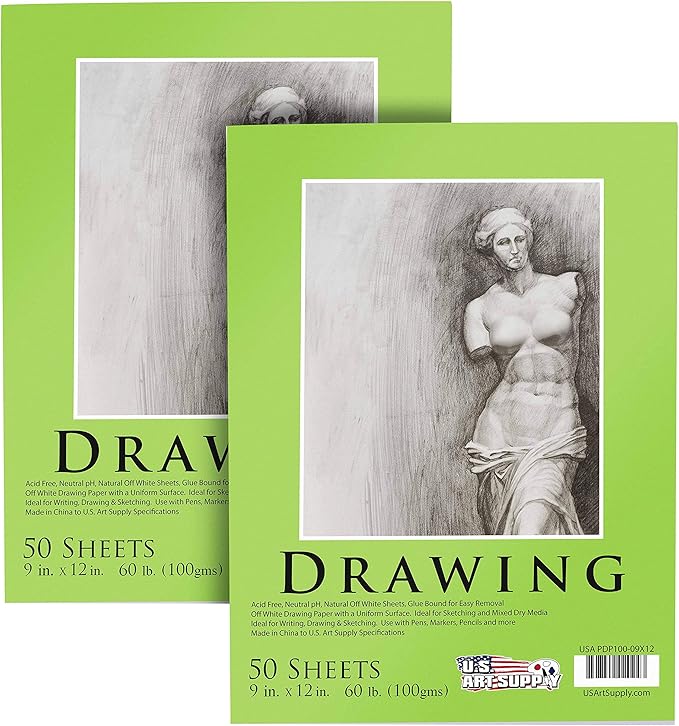 u.s. art supply 9" x 12" premium drawing pad, pack of 2 (50 sheets each), 60 lb (100 gsm) - artist sketch book, mixed media paper, sketchbook for drawing, colored pencils, charcoal - adults, students