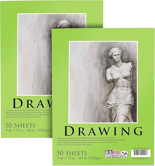 u.s. art supply 9" x 12" premium drawing pad, pack of 2 (50 sheets each), 60 lb (100 gsm) - artist sketch book, mixed media paper, sketchbook for drawing, colored pencils, charcoal - adults, students