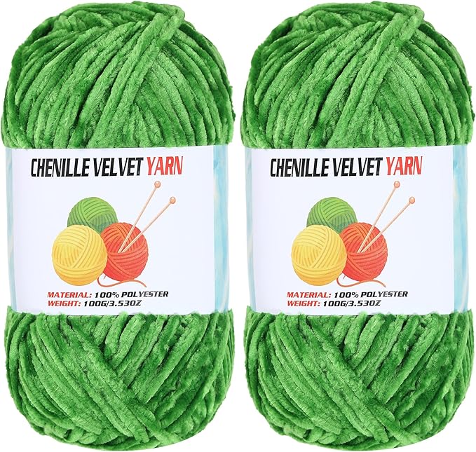 2 * 100g Velvet Chenille Chunky, Handcrafts Weaving Soft Chenille Yarn for Crocheting Clearance, Used for Making Baby Yarn Blanket, Clothes, Knitting Creations (Green)