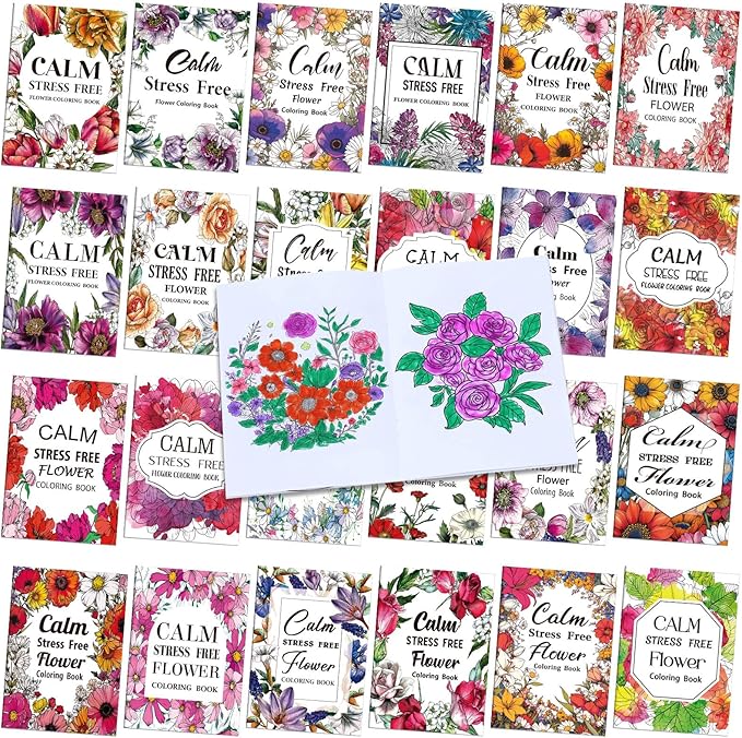 Liliful 72 Pcs Flower Coloring Book Bulk for Adult Calm Supplies DIY Art Stress Relief Drawing Book with Colorful Flower Patterns Favors Goodie Bag Filler and Holiday Gifts