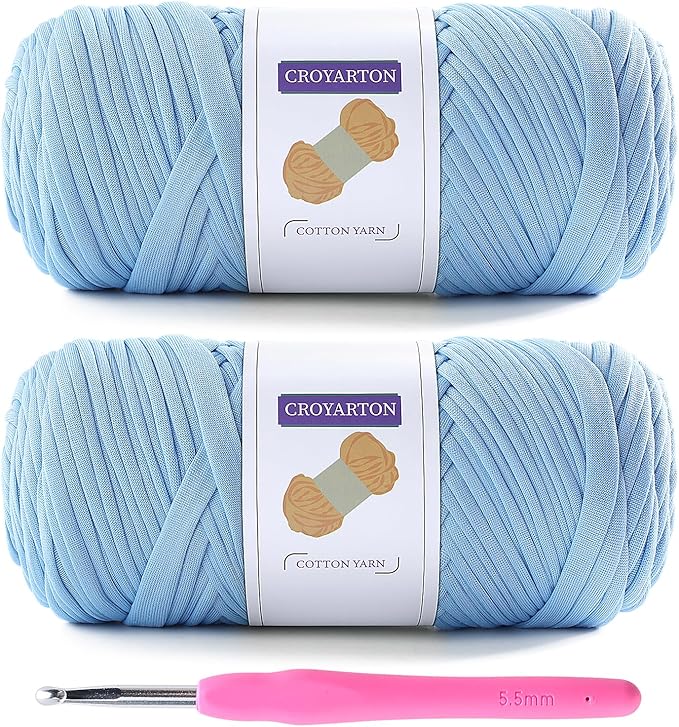 2 Pack T Shirt Yarn for Crocheting with 1 Crochet Hook, Elastic Tshirt Yarn for Crochet Bag/Baskets/Home Decor, Spaghetti Yarn Thick Knitting Yarn Total Length 130 Yds, Weight 14 Oz (Light Blue)