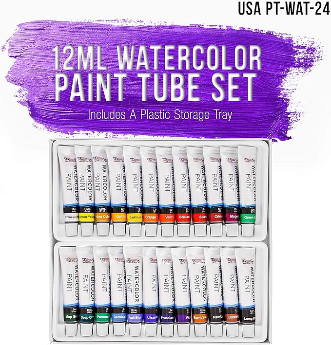 U.S. Art Supply 24-Color Water Colors Paint Set, 12ml Professional Watercolor Tubes, Vibrant Pigments - Water Colors Paint Adult Set for Artists