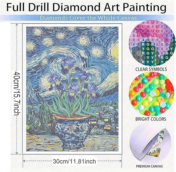 KUFWKEY Iris Flowers Diamond Art Kits for Adults,Starry Night Diamond Painting Kit,DIY Diamond Mosaic Art,Diamond Dots for Beginner,Gem Art and Craft for Home Wall Decor 12 x 16 Inch