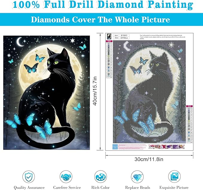 Meothan 5D Black Cat Diamond Art Kits for Adult Beginners Moon Cat Diamond Painting Kits for Adults Butterfly Diamond Painting Full Drill Round Rhinestones Gem Art for Home Wall Decor 11.8X15.7inch