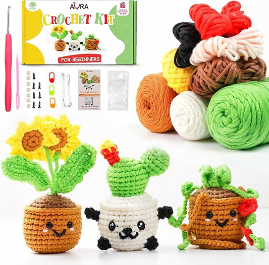 A-URA 3-in-1 Learn to Crochet Kit for Beginners Kids and Adults, Premium Pattern Sunflower, Panda Cactus, Hanging Pot Plant Beginner Crochet Kits with Easy Tube Yarn & Step-by-Step Video Tutorials