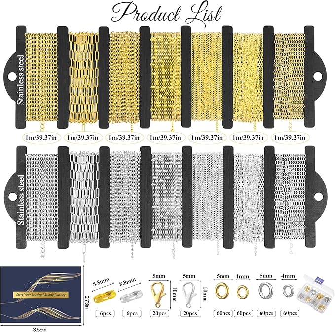 HUISUYTON Necklace Chain for Jewelry Making,45.93 FT 14 Rolls Stainless Steel Jewelry Chains Bulk with Jump Rings, Lobster Clasps, Connectors for DIY Necklace Earring Bracelet