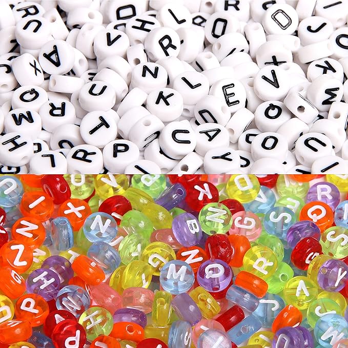 1900pcs 7 Colors Round Letter Beads Acrylic Alphabet Number Beads with 1 Roll Elastic Crystal String Cord for Jewelry Making DIY Necklace Bracelet (7x4mm)