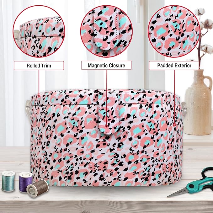 SINGER Large Round Sewing Basket with Emergency Travel Sewing Kit & Matching Zipper Pouch - Rose Pink Leopard Print
