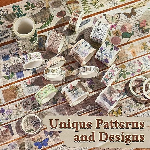 Vintage Washi Tape Set 24 Rolls, Decorative Masking Tape for Junk Journal, Scrapbooking Supplies, DIY Crafting Supplies