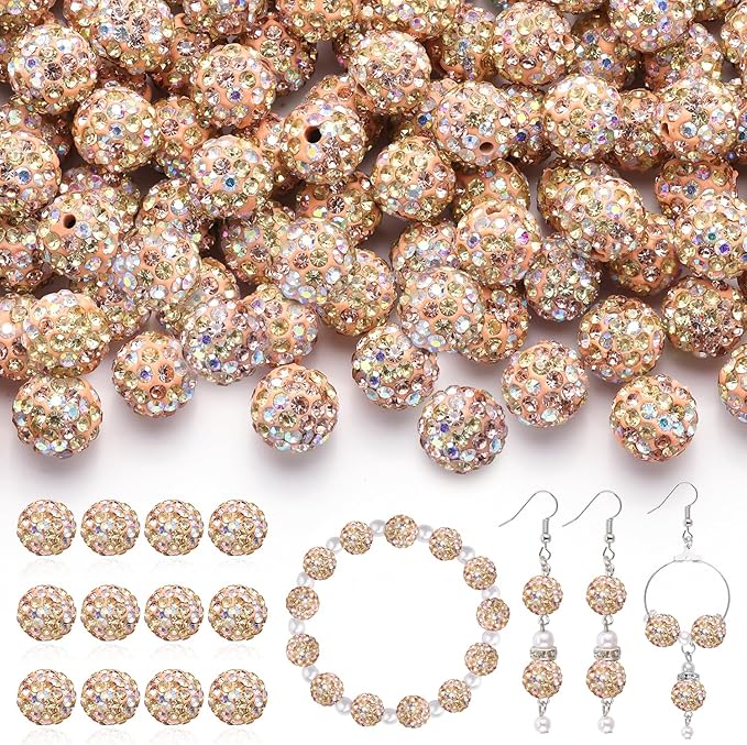 120pcs 10mm rhinestone beads for jewelry making, light peach ab shiny round shamballa disco ball beads, sparkle crystal clay christmas for bracelet baseball necklace earring crafting and diy