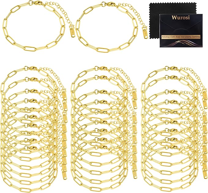 Wurosi 30PCS Paperclip Charm Bracelets Chain for Jewelry Making,6.3Inch 18K Gold Plated Bracelet Chain DIY Charm Bracelet Kit with Lobster Clasps(Gold)