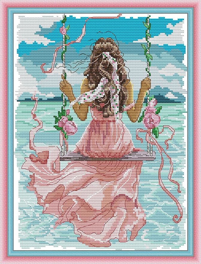 CaptainCrafts New Cross Stitch Kits Embroidery Kit Full Range Pre-Printed and Counted Fabrics Kits for Adults Beginners Home Decor (Stamped 11CT, Sea View Girl)