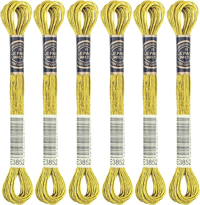 6 Skeins Embroidery Thread, Metallic Gold Embroidery Floss Friendship Bracelet String, Polyester Cross-Stitch Threads for Hand Embroidery, String Art