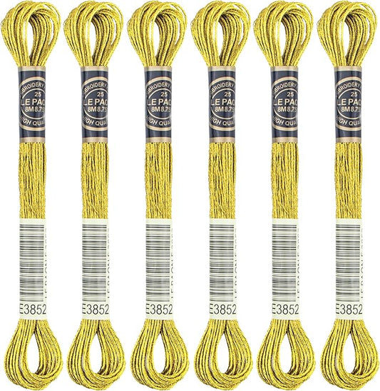 6 Skeins Embroidery Thread, Metallic Gold Embroidery Floss Friendship Bracelet String, Polyester Cross-Stitch Threads for Hand Embroidery, String Art