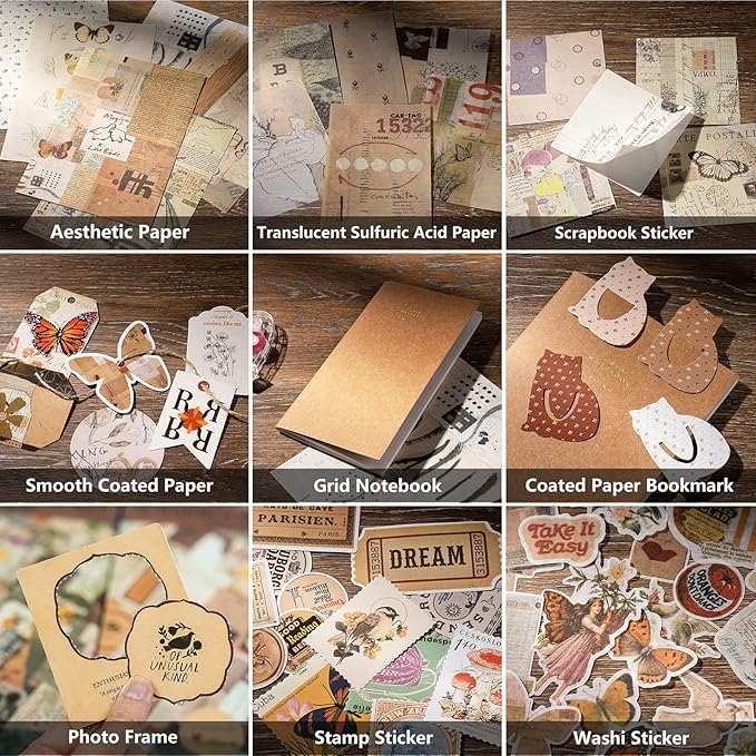 joychoic vintage scrapbooking supplies aesthetic journaling kit, scrapbook large collection for bullet junk journal, arts craft collage, beginners, ephemera