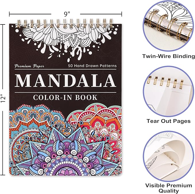 Mandala Coloring Book for Adults - 9" x 12" Coloring Book Spiral Bound, 50 Hand Drawn Mandalas Patterns for Relaxation & Stress Relief, Mindfulness Gifts