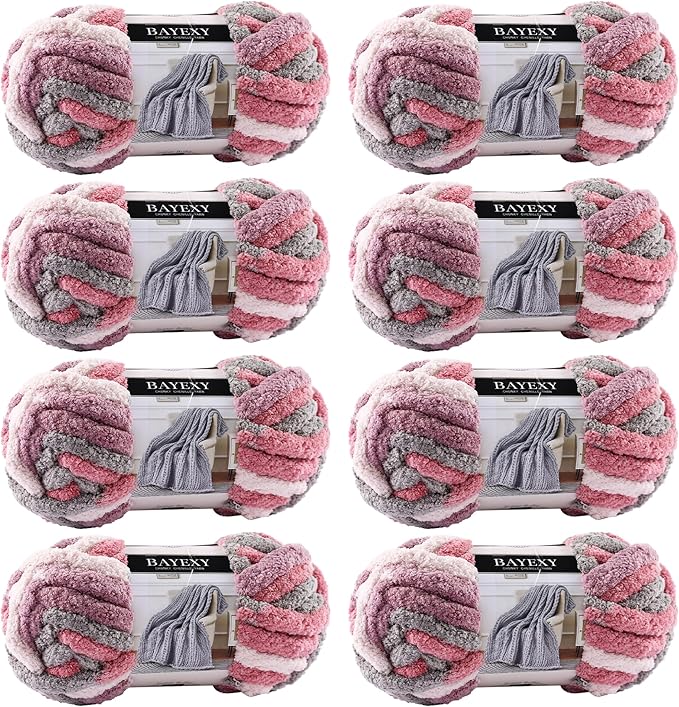 Chunky Chenille Yarn for Hand Knitting 8 Jumbo Pack Jumbo Chunky Yarn for Hand Soft Blanket Knitting, Bulky Thick Fluffy Yarn for Crocheting (Cherry Blossom)