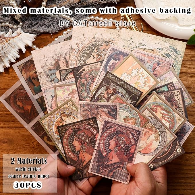 CATaireen Vintage Junk-Journal Mixed Paper Scrapbooking Embellishments Set Retro Journaling Decoupage Stickers Textured Packaging Decorative Cards Tags Kit (Old Lady)
