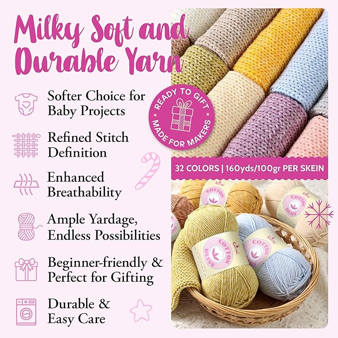 Cotton Bliss Soft Cotton Blend Yarn for Crocheting, 4-Pack (640Yds / 400G), Free Patterns, Beginners Friendly - #4 Medium Worsted Weight Yarn for Baby Blanket - Vanilla Shell