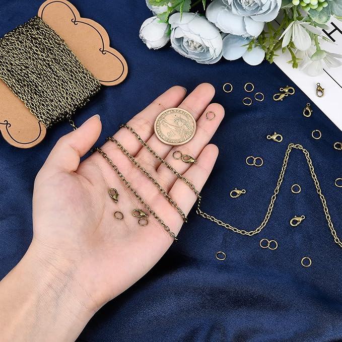 SUNNYCLUE DIY 33 Feet Antique Bronze Curb Cable Chain Link Necklace Width 4mm with 30 Brass Lobster Claw Clasps, 100 Brass Jump Rings Antique Bronze Jewelry Chain for Jewelry Bracelet Necklace Making