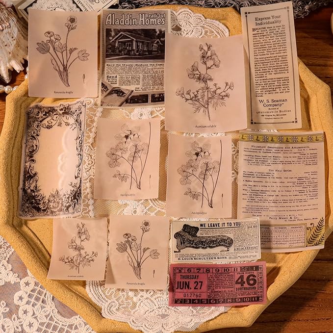 CATaireen Vintage Junk-Journal Mixed Paper Scrapbooking Embellishments Set Retro Journaling Decoupage Stickers Textured Packaging Decorative Cards Tags Kit (Old Photos 2)