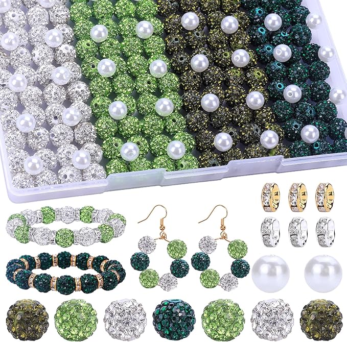 AIPRIDY Jewelry Making Beads Set, 300 PCS 10mm Rhinestone Clay Beads, 8mm Mixed Color Spacer Beads with Pearl and Floral Beads for DIY Jewelry Making (White + Green Series)