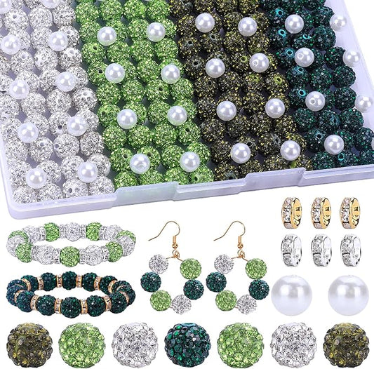 AIPRIDY Jewelry Making Beads Set, 300 PCS 10mm Rhinestone Clay Beads, 8mm Mixed Color Spacer Beads with Pearl and Floral Beads for DIY Jewelry Making (White + Green Series)
