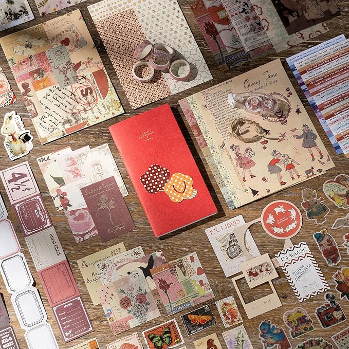 joychoic vintage scrapbook supplies aesthetic journaling kit, scrapbook papers quote stickers tn notebook large collection for bullet junk journal, planner diy arts craft collage