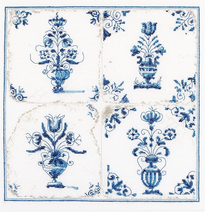 Thea Gouverneur - Counted Cross Stitch Kit - Antique Tiles Flower Vases - Aida - 18 Count - Embroidery Kit for Adults - DMC Embroidery Threads and Other Cross Stitch Supplies Included - 483A