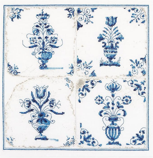 Thea Gouverneur - Counted Cross Stitch Kit - Antique Tiles Flower Vases - Aida - 18 Count - Embroidery Kit for Adults - DMC Embroidery Threads and Other Cross Stitch Supplies Included - 483A