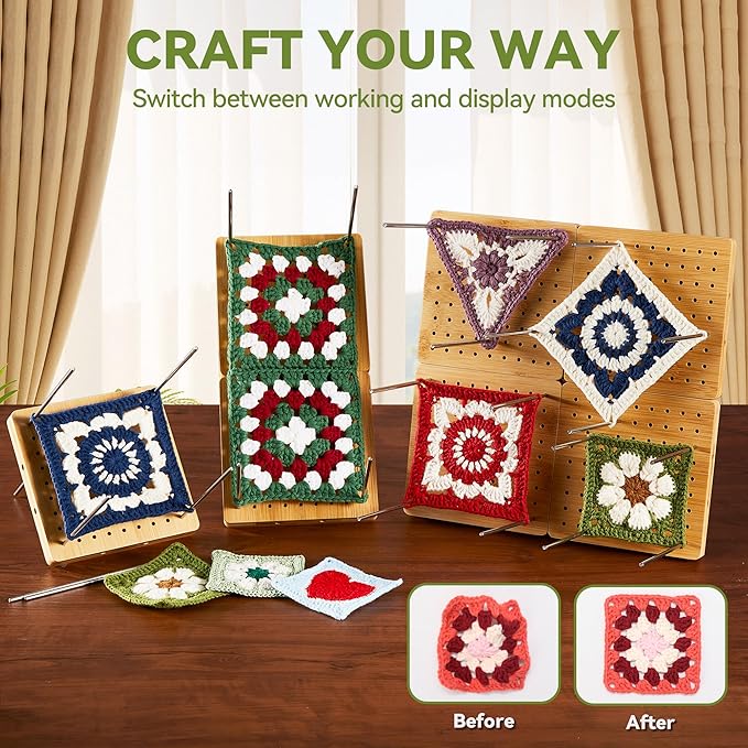 4-Pack 4.7" Crochet Blocking Boards with 25 Steel Pins Pegs, Assembles into 9.4" Standable Granny Square Blocking Board for Crochet Projects, for Crocheting and Knitting, 4 in 1 Gifts for Crocheter