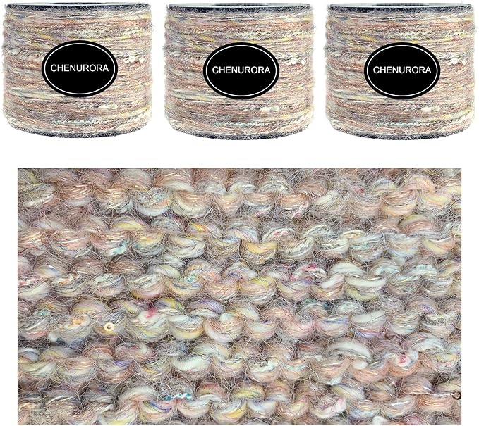 Artisanal Yarn Collection Multifiber Multicolored Fancy Yarn with Subtle Shimmering Threads for Knitting Crocheting Crafts DIY, Set of 3 Rolls (Gray Pink)