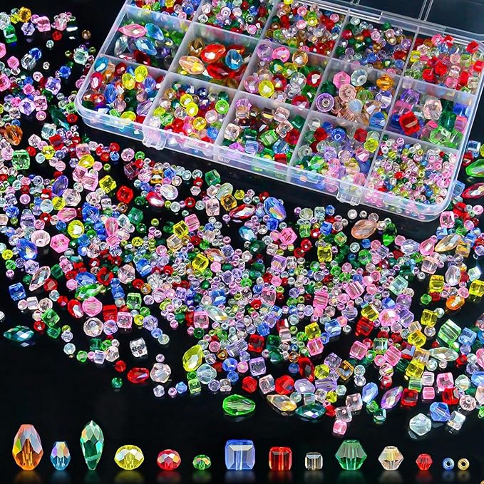 1500 Pcs Crystal Glass Beads for Jewelry Making – 12 Styles Bicone, Rondelle, Cube, Teardrop & 3mm Spacer Beads, DIY Bracelet Necklace Earring Craft Kit Random Colors(Multicolored)